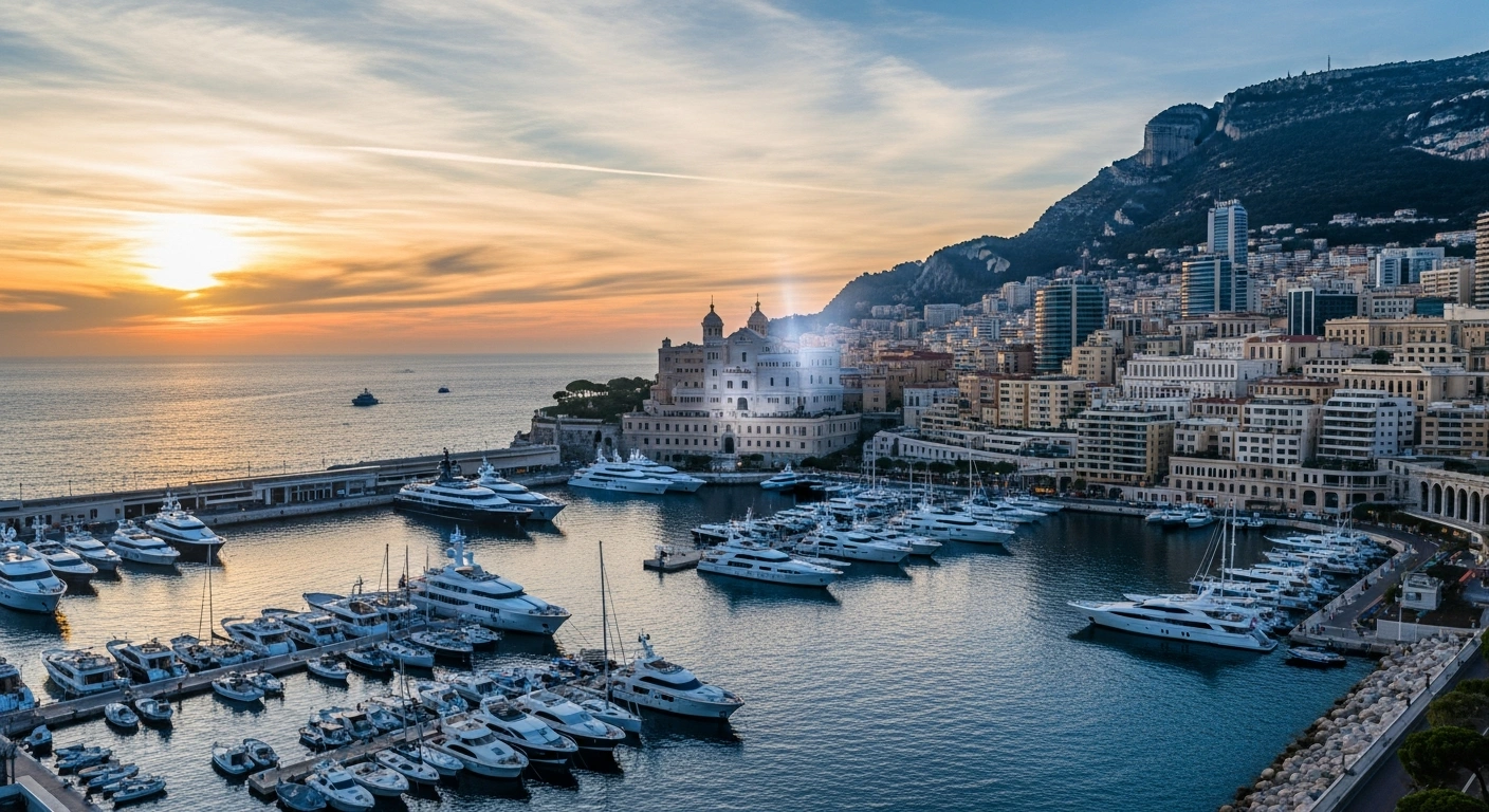 A majestic, sun-drenched panorama of Monaco, featuring the Prince's Palace and harbor, symbolizing renewed international recognition from the Financial Action Task Force (FATF) for its strengthened efforts against money laundering and terrorist financing.
