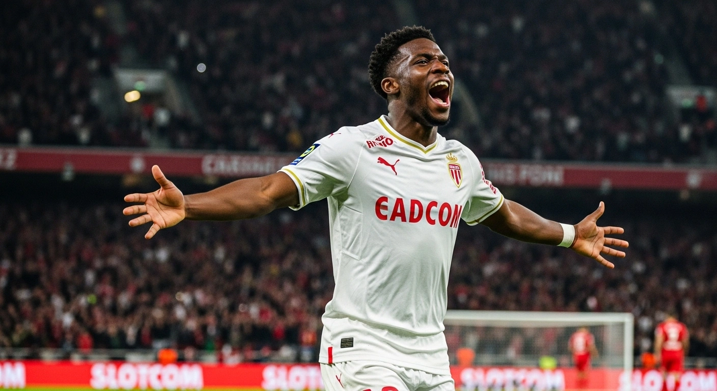 Ansu Fati, wearing an AS Monaco jersey, celebrates scoring a goal at Stade Louis-II, his arms raised in triumph under bright stadium lights, symbolizing AS Monaco's dominant 5-2 victory against FC Metz and their ascent to second place in Ligue 1.