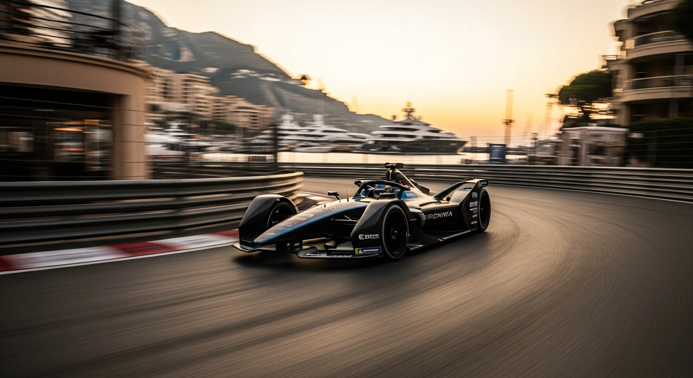 A sleek electric Formula E race car speeds around a tight corner on the historic Monaco street circuit during a professional racing event.