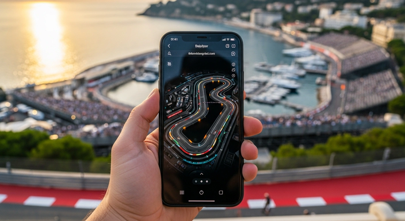 A spectator uses a mobile app on a smartphone to view an interactive map of the Monaco Grand Prix circuit during the race weekend.