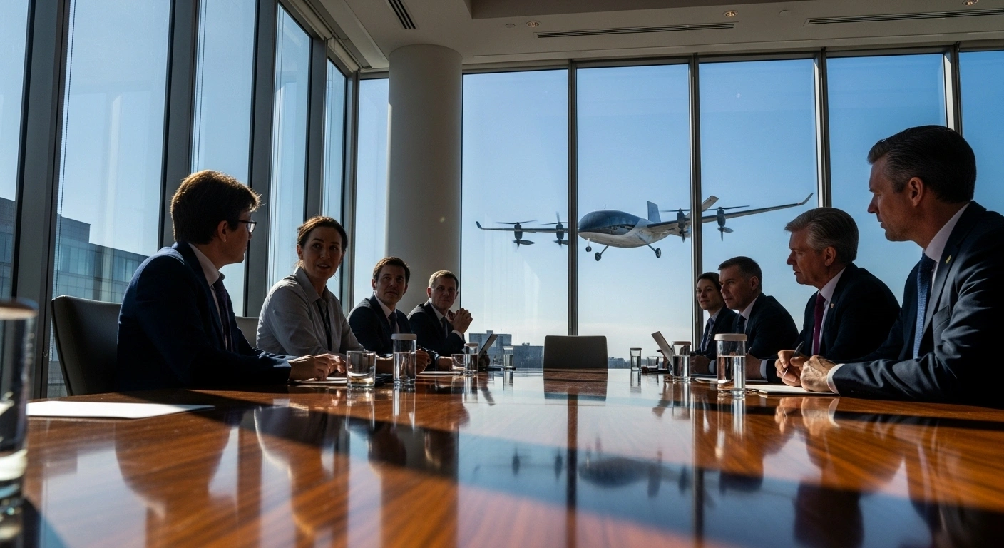 A low-angle, wide-angle photograph captures a modern, sun-drenched conference room in Montréal, where a focused delegation from Monaco, including Jean-Philippe Bertani and Jérôme Journet, is engaged in discussions about sustainable aviation. Through the large windows, a sleek, futuristic eVTOL aircraft hovers silently, symbolizing the Principality's focus on decarbonization efforts and Sustainable Aviation Fuels (SAF) at the 42nd ICAO Assembly.