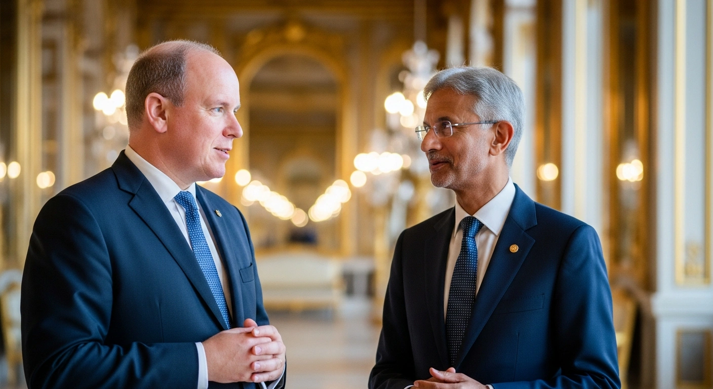 Prince Albert II of Monaco and India's Minister of External Affairs Dr. S. Jaishankar meet for diplomatic talks in a palace in Monaco.