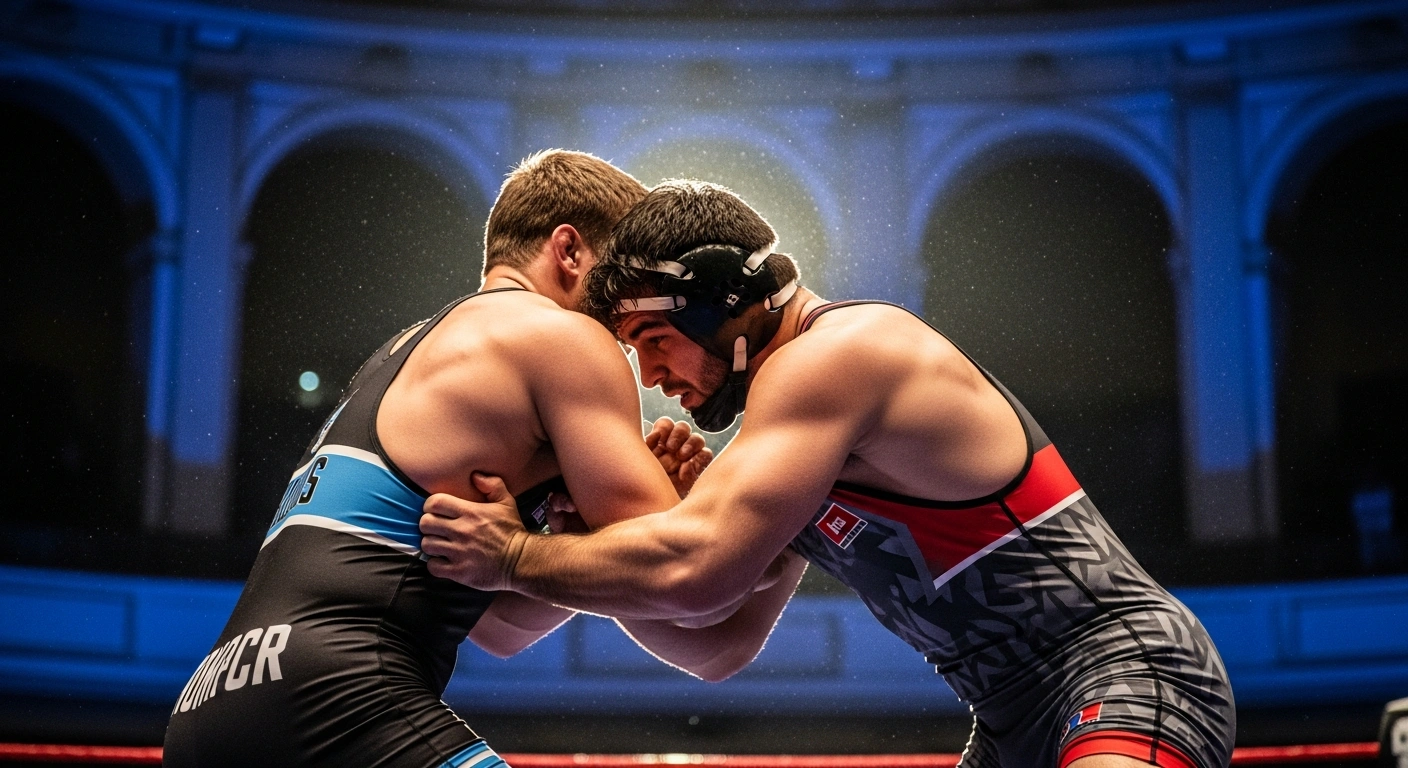 Two professional wrestlers compete in a high-stakes match during the International Wrestling Tournament held in Monaco.