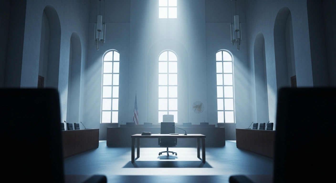 A formal, empty courtroom chamber represents the international legal efforts of Monaco and the Core Group to establish a special tribunal for the crime of aggression against Ukraine.
