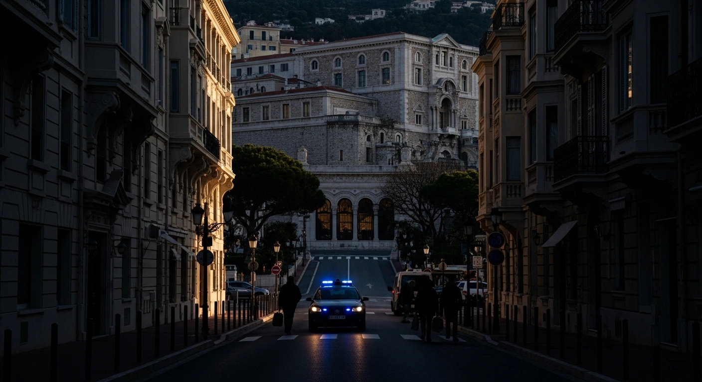An early morning scene on Avenue de l'Annonciade in Monaco shows a deserted street blocked by a police car, with a few residents carrying bags walking towards a shuttle, indicating a preventive evacuation due to a potential landslide near the former Charles-III College.