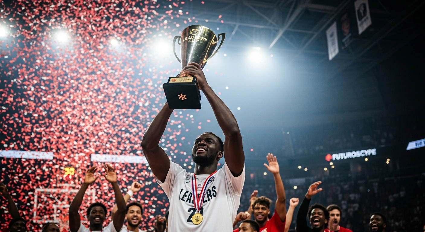 Elie Okobo, MVP for AS Monaco Basket, the Roca Team, celebrates holding the Leaders Cup trophy aloft on the court at the Futuroscope Arena in Poitiers, France, after defeating Le Mans Sarthe Basket.