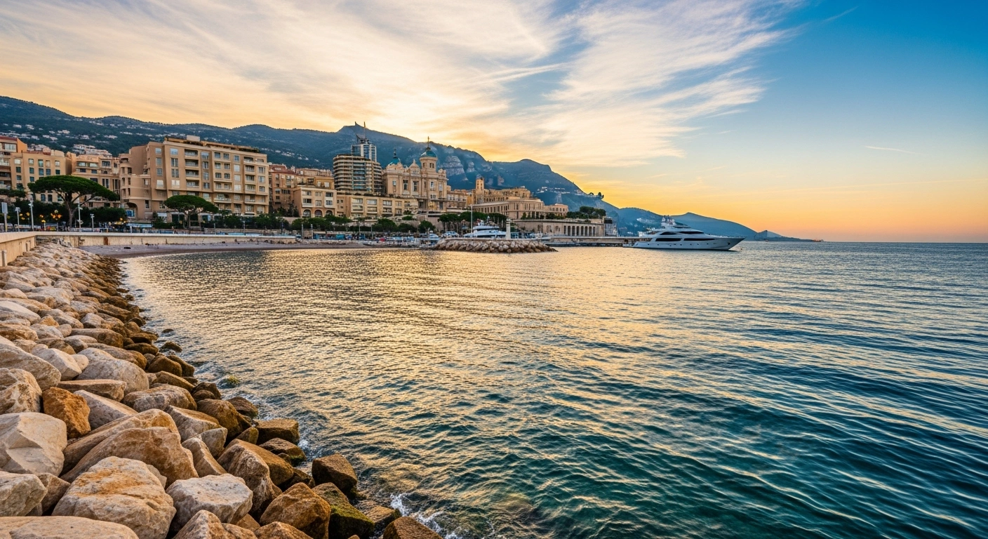 A picturesque view of Monaco's coastline at sunset, symbolizing its election as Vice-President of the Mediterranean Action Plan Bureau for its significant commitment to marine and coastal protection.