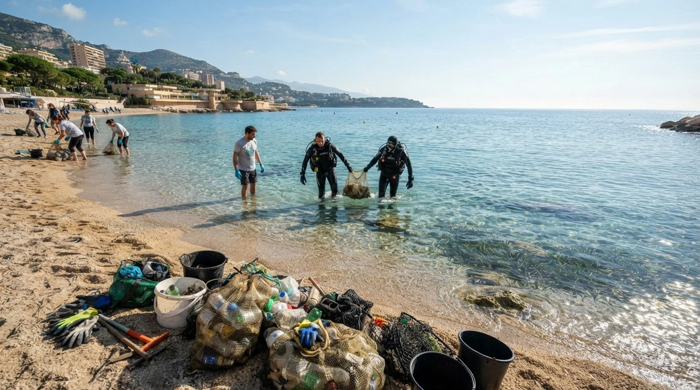 Environmental volunteers and divers collect plastic waste and debris from the shoreline and waters of the Larvotto Marine Reserve in Monaco.