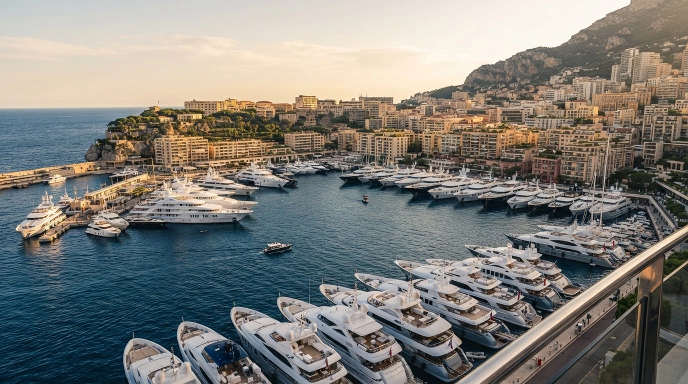 A panoramic view of Monaco harbor filled with luxury yachts and ships, highlighting the principality's growth as a global maritime business center.