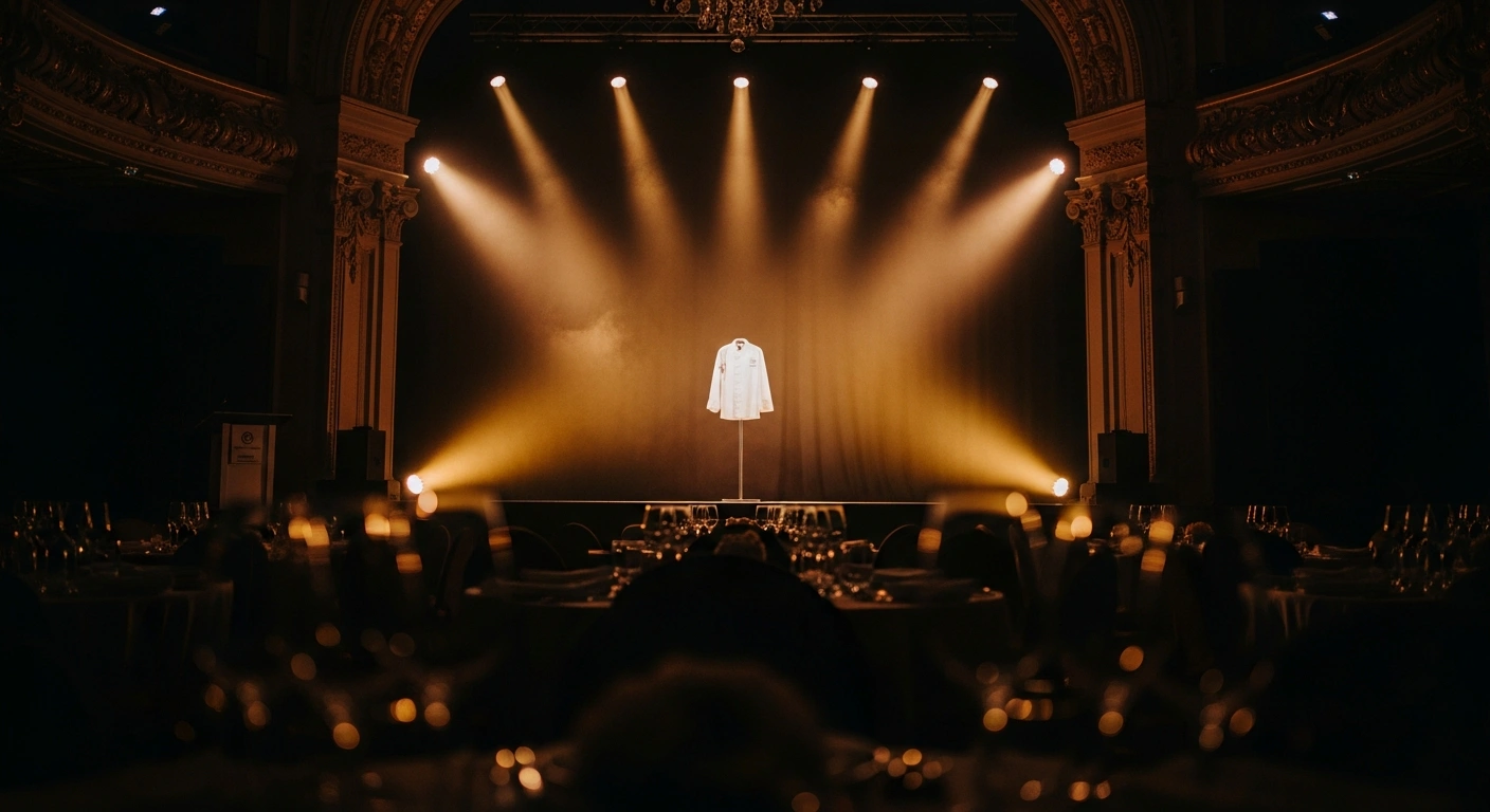 The interior of the Grimaldi Forum in Monaco is illuminated with golden stage lighting during the prestigious Michelin Guide France ceremony.