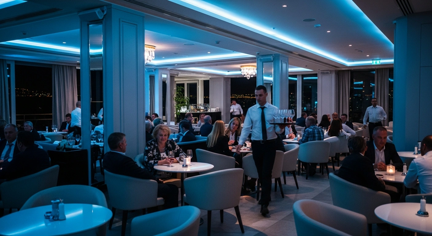 A modern, upscale lounge in Monaco is illuminated by soft LED lighting, with no candles or naked flames present on the tables to comply with new fire-safety regulations.