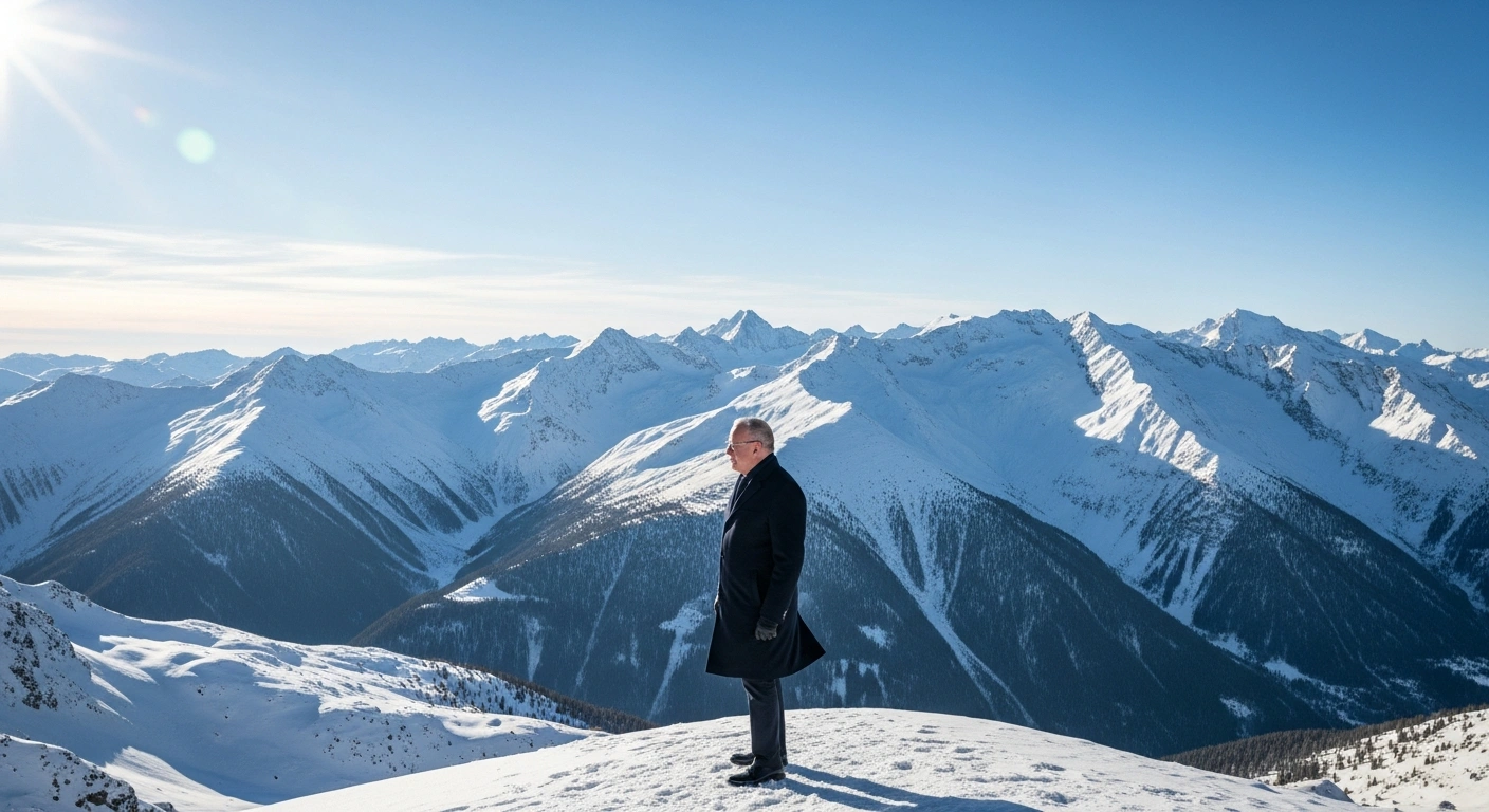 A distinguished figure, representing H.S.H. Prince Albert II of Monaco, stands on a pristine, snow-covered alpine ridge at sunset, symbolizing Monaco's leadership in promoting sustainability and eco-friendly practices within winter sports and the Olympic movement.