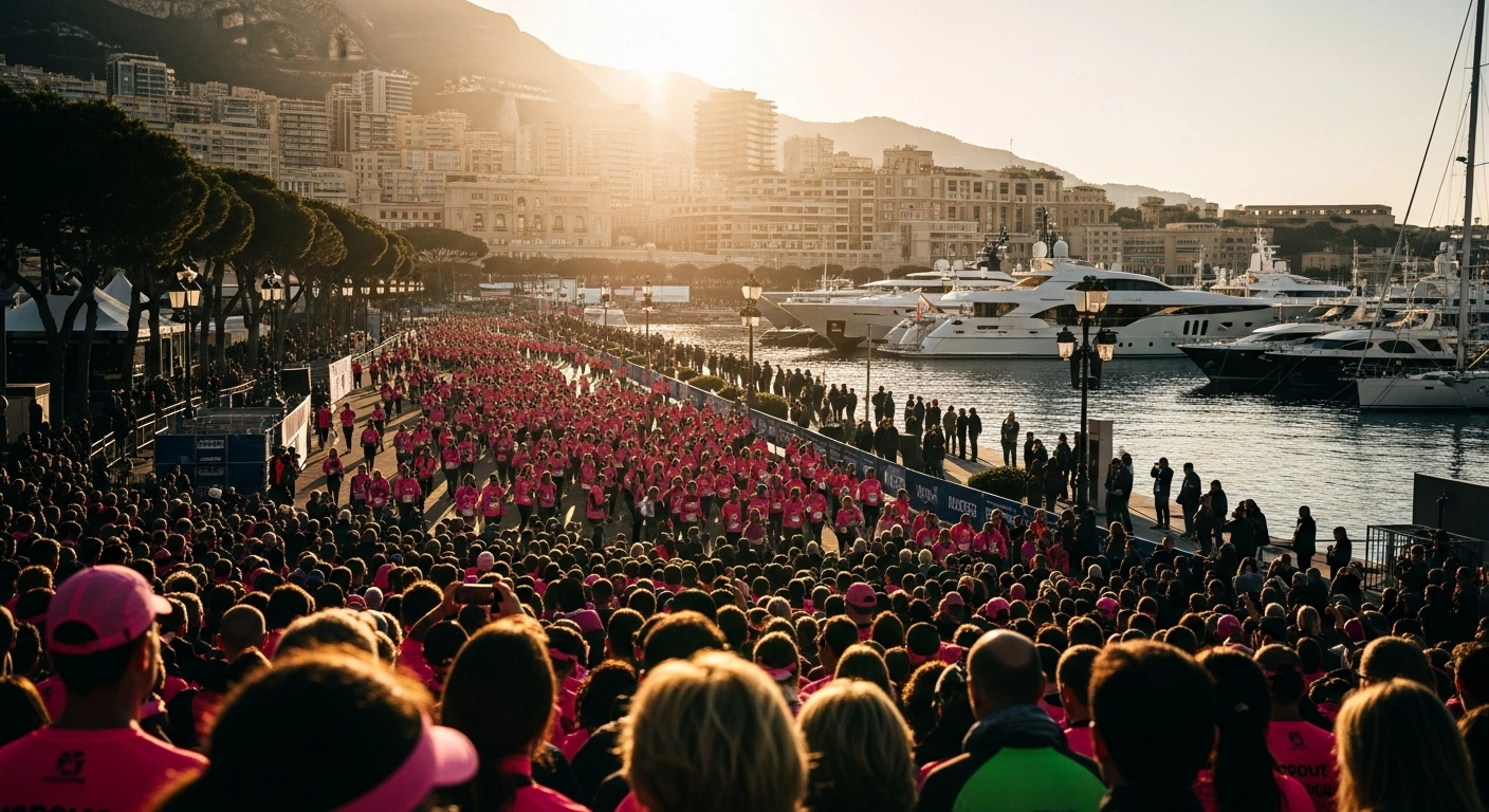 Thousands of participants, many wearing pink, walk and run along Port Hercule in Monaco during the Monaco Run 2026 and Pink Ribbon Monaco Walk, raising funds for women's health studies.