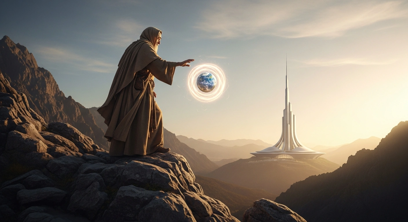 A wise elder, symbolizing ancestral wisdom, stands on a mountain peak at golden hour, extending a hand towards a modern architectural structure representing modern institutions, with a luminous orb of Earth suspended between them, depicting the Principality of Monaco's 'Ethical Code of Respect 360°' global charter for reestablishing humanity's sacred relationship with the Earth and reshaping environmental governance and education.