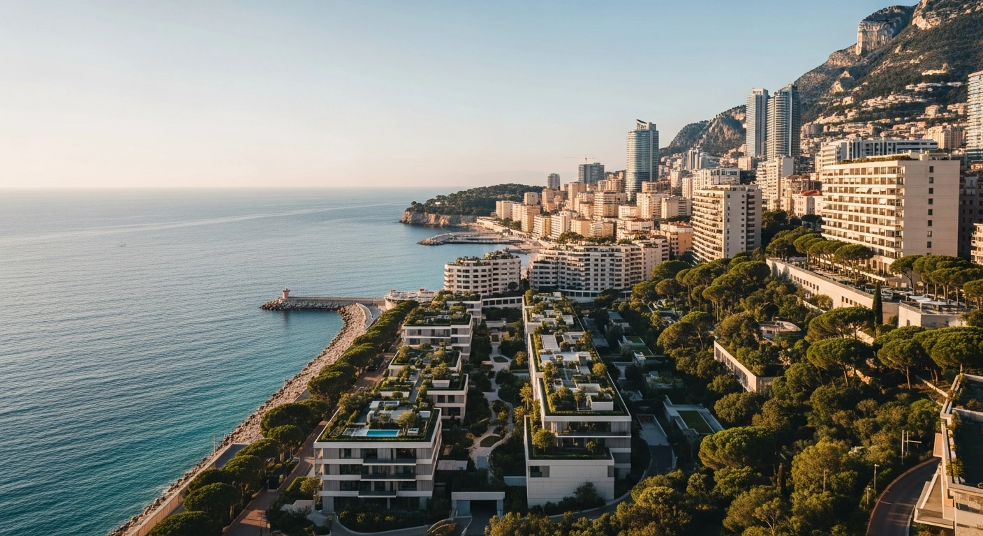 A scenic view of Monaco's coastline showing modern architecture and sustainable urban development as the construction industry stabilizes.