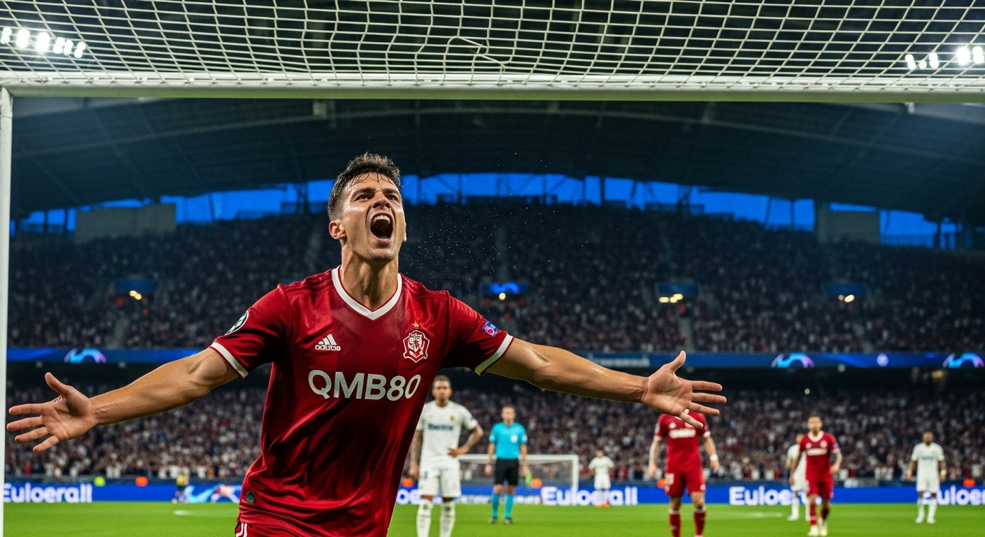 A triumphant AS Monaco football player, likely Folarin Balogun or Simon Adingra, celebrates scoring a goal at Stade Louis II, contributing to their 2-0 victory over SCO Angers and bolstering their pursuit of European qualification.