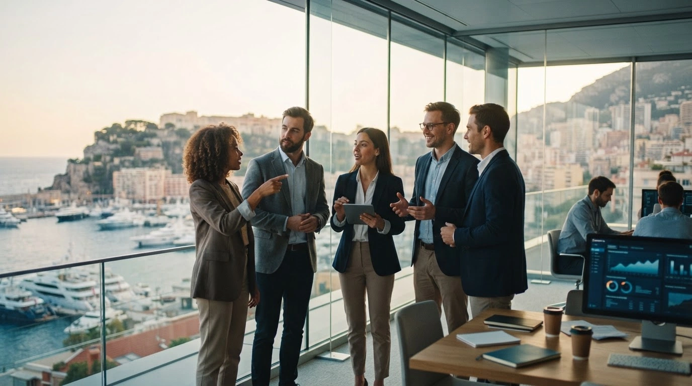 A group of entrepreneurs collaborates in a modern office space in Monaco as part of the MonacoTech startup incubator program.