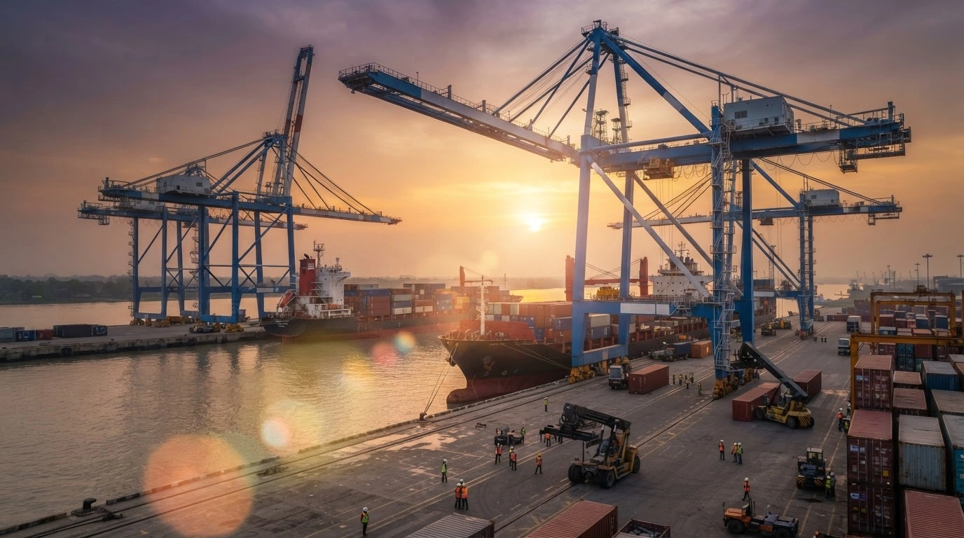 Large container ships and industrial cranes operate at the Mongla seaport in Bangladesh during a sunset as part of a major infrastructure upgrade project.