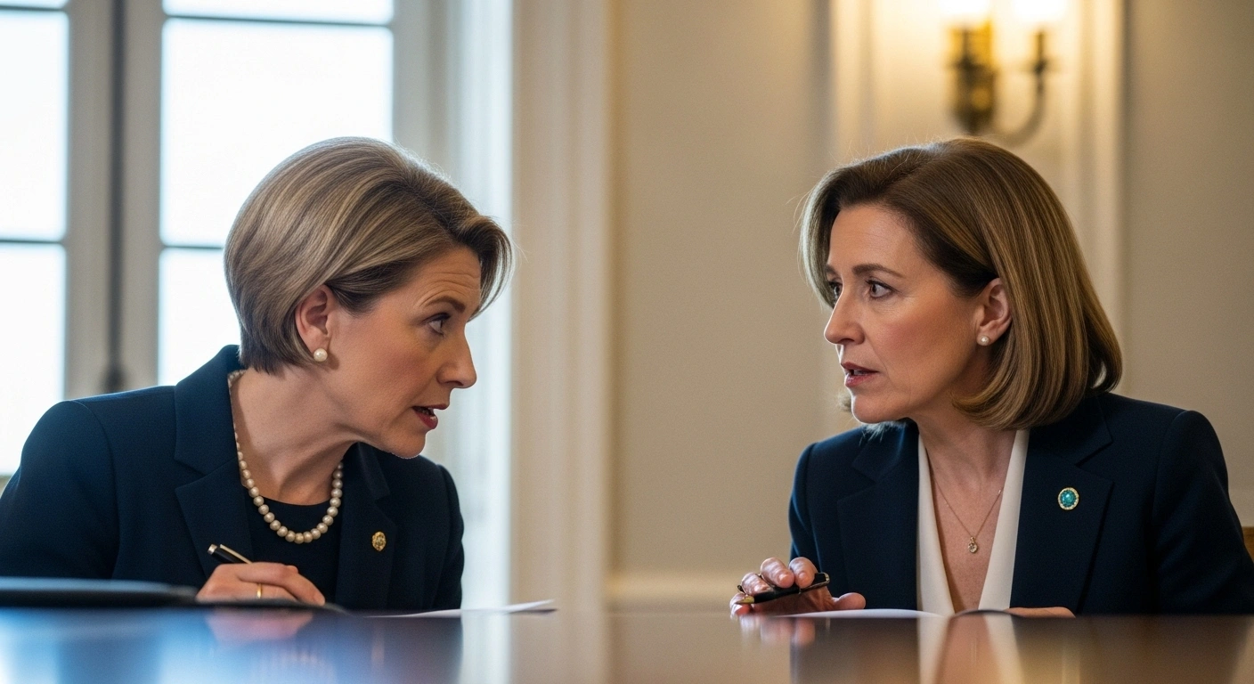 Two female foreign ministers, one Mongolian and one German, are shown in a medium shot, engaged in a serious discussion at a polished table, symbolizing their meeting during the 79th UN General Assembly to strengthen strategic partnerships across military, trade, economic, and investment sectors.