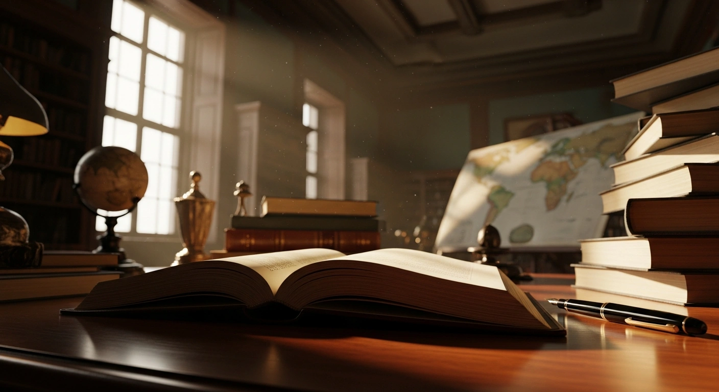 A scholarly desk with a leather journal and historical artifacts represents the upcoming Mongolia Society academic meeting for researchers.