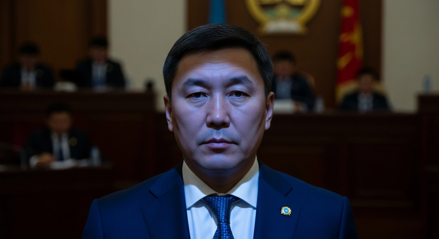 A close-up, low-angle shot shows Mongolian Parliament Speaker Dashzegviin Amarbayasgalan, newly elected chairman of the ruling Mongolian People's Party (MPP), with a resolute expression in a dimly lit parliamentary chamber, reflecting the recent election and internal party divisions.