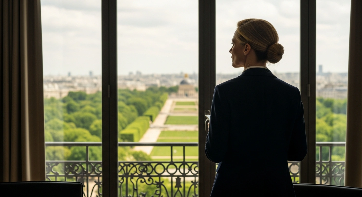 French Environment Minister Monique Barbut stands in her office overlooking a park, reflecting her commitment to environmental reform and climate change action.