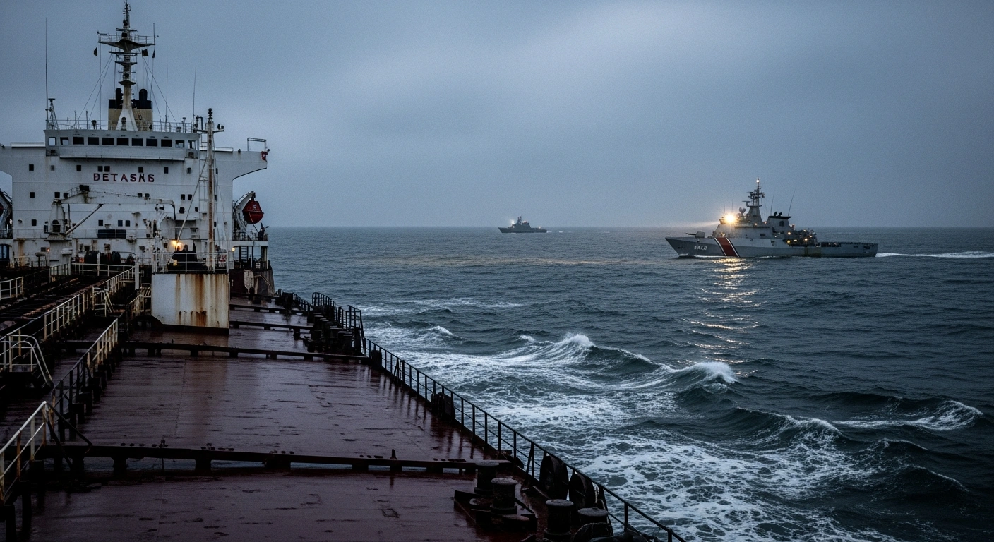 A European coast guard vessel monitors a suspicious Russian shadow fleet tanker in the dark waters of the North Sea.