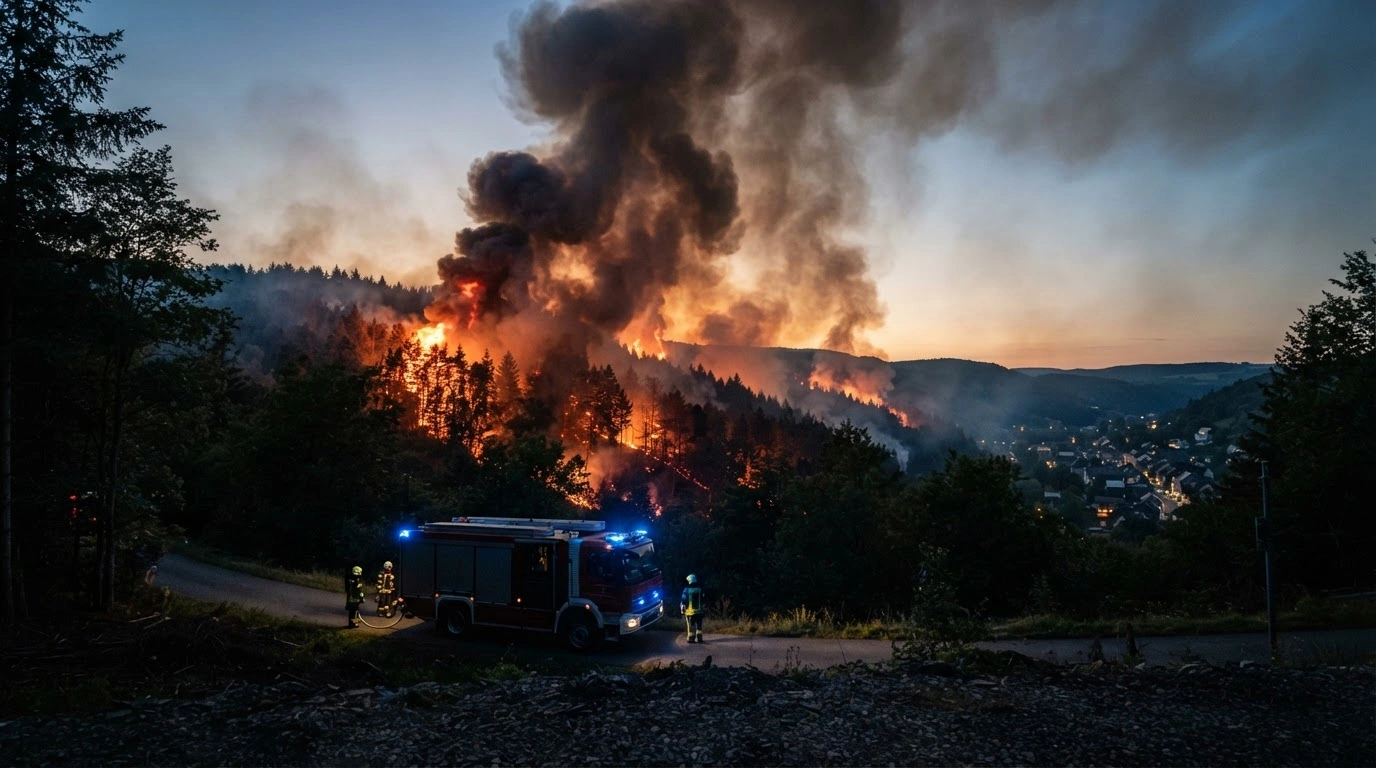 Emergency vehicles respond to a large wildfire spreading across the German-Belgian border near the town of Monschau.