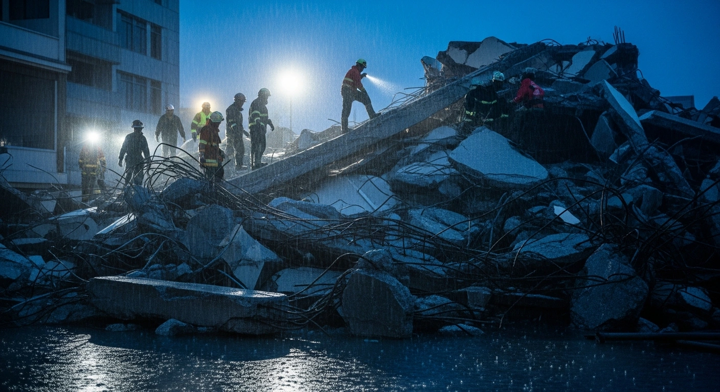 Emergency rescue teams search through the debris of a collapsed building following heavy monsoon rains in an urban area.