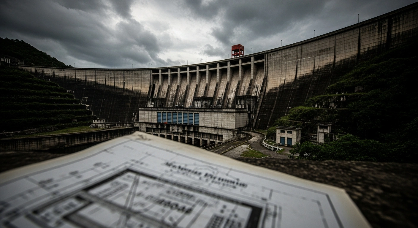 A colossal concrete dam, likely the Monte Grande dam in the Dominican Republic, stands under a brooding sky, with a weathered blueprint in the foreground, representing the disputed budget increase from US$249 million to over US$800 million, a claim made by the PLD party and former President Danilo Medina against the government's INDRHI.