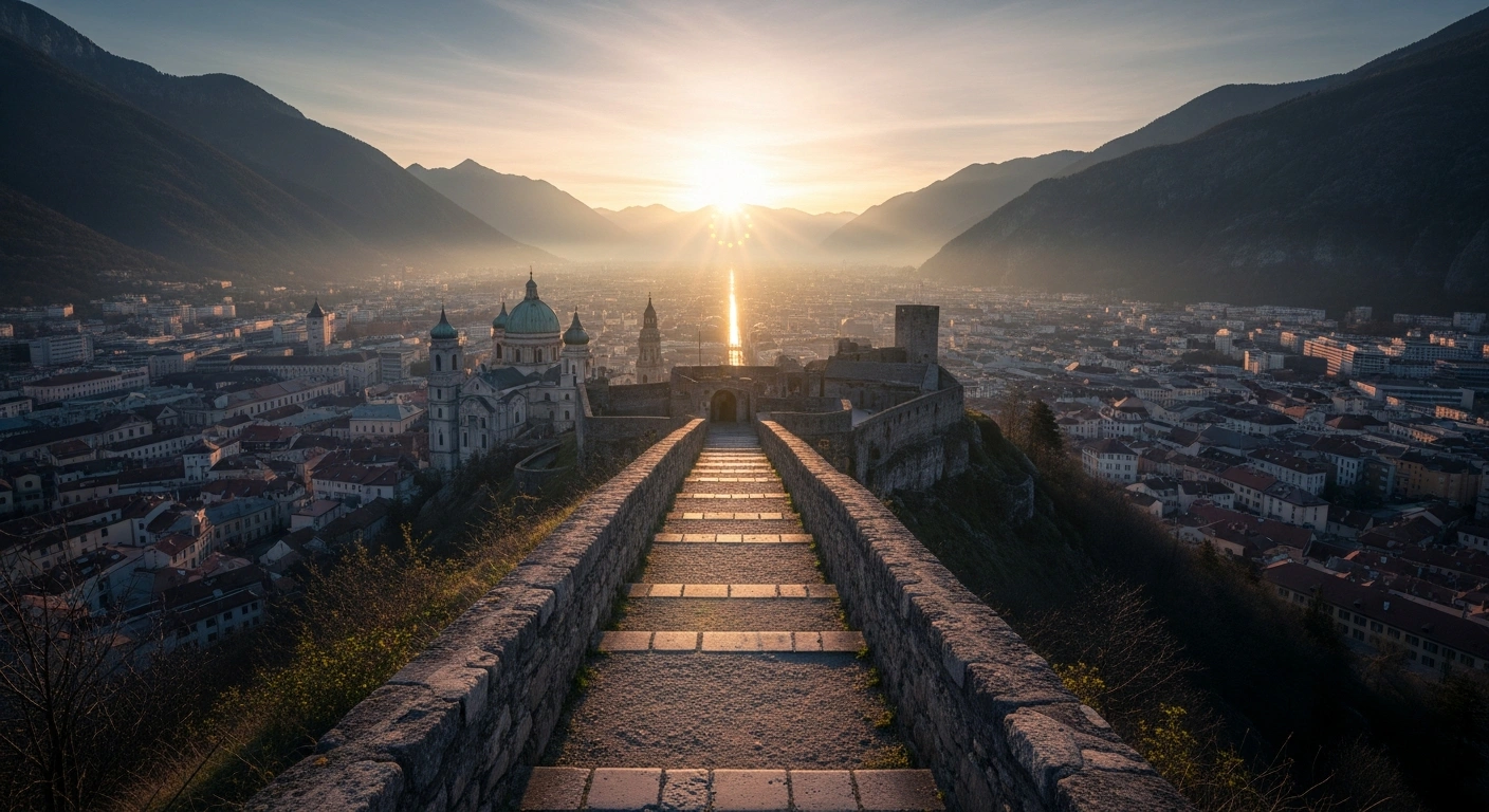 A majestic ancient city nestled among dramatic mountains, bathed in the soft glow of a rising sun, with a clear path leading towards a distant radiant beacon of light, symbolizing Montenegro's ambitious goal to conclude EU accession negotiations by 2026 and become the 28th member state by 2028.