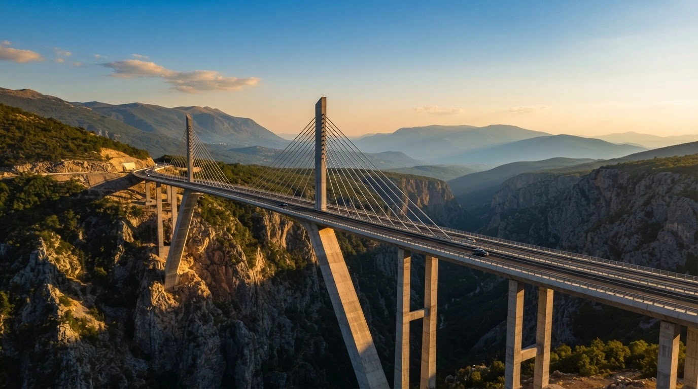 A modern bridge in Montenegro represents the country's progress toward European Union accession and alignment with EU standards.