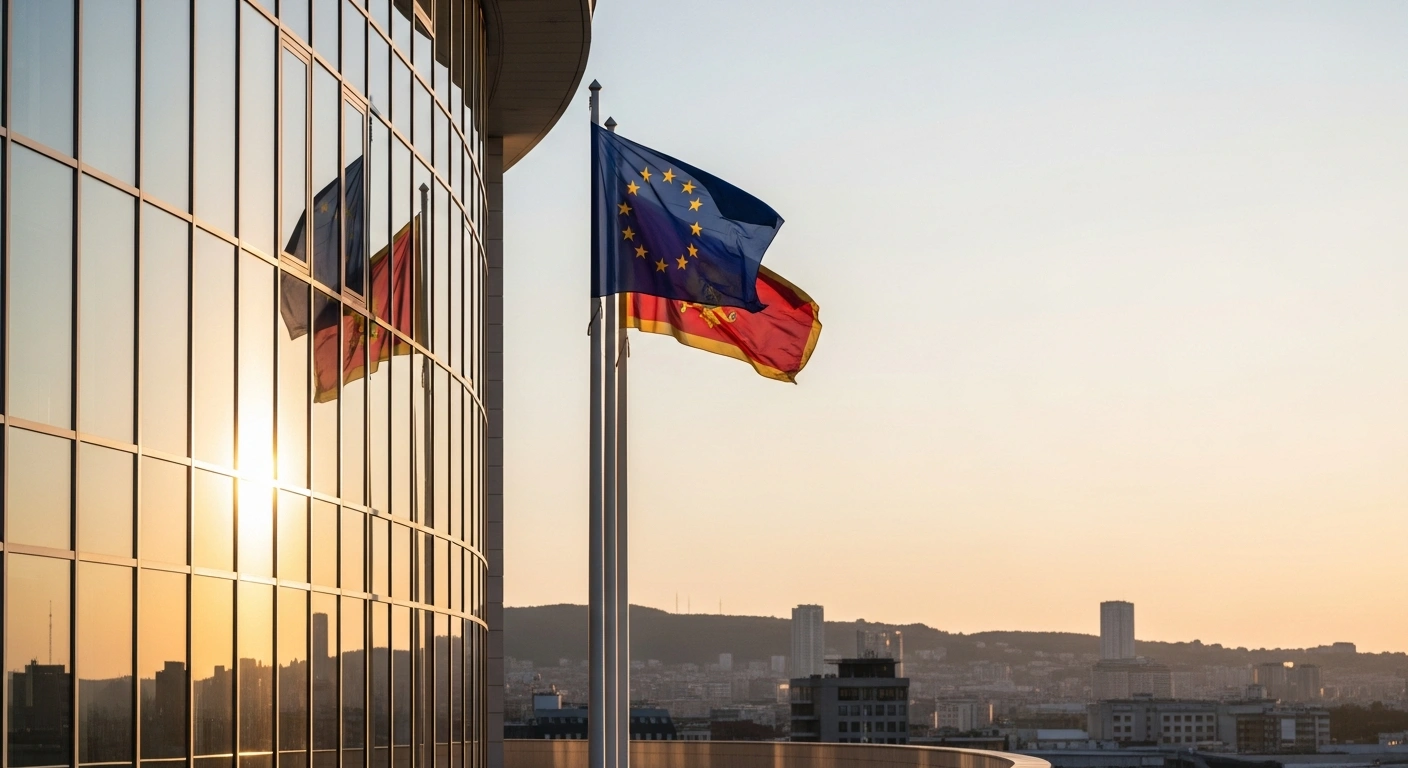 The European Union and Montenegrin flags fly together in front of a government building, symbolizing the drafting of an accession treaty for Montenegro.