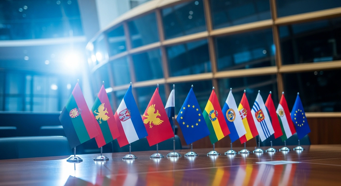 A row of flags representing Montenegro and other Western Balkan nations stands alongside the European Union flag in a diplomatic setting, symbolizing their alignment with EU foreign policy regarding Iran.