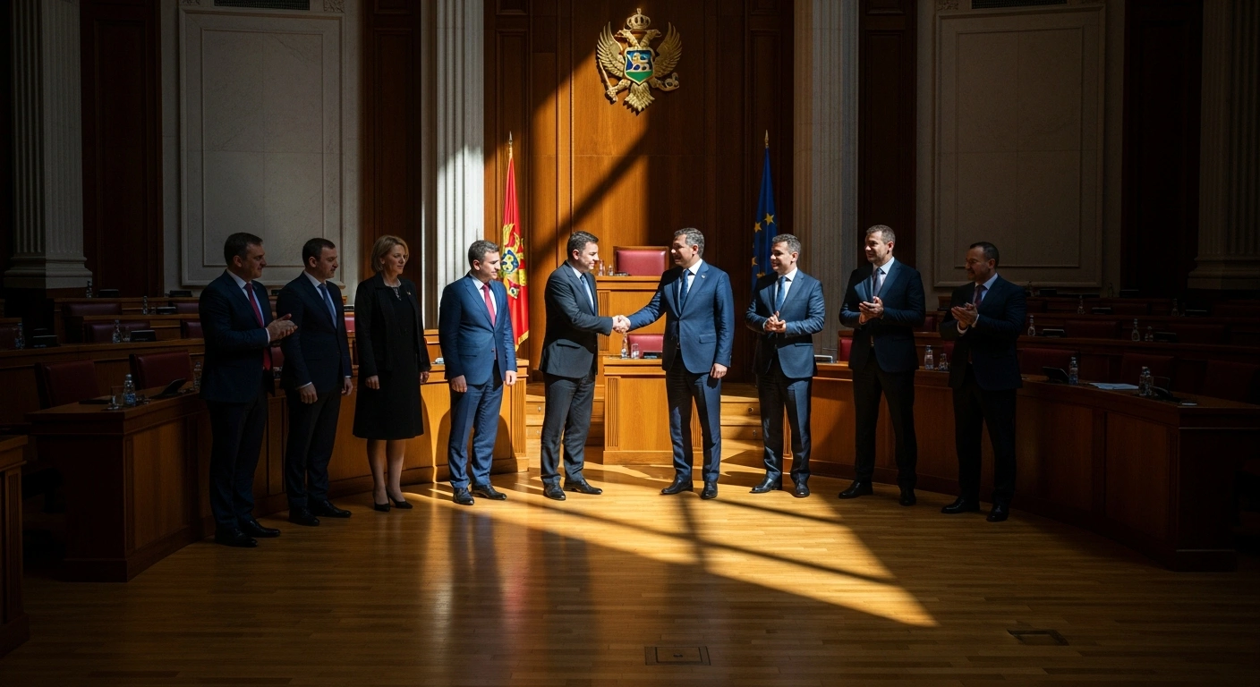 Political leaders from Montenegro's governing coalition and opposition parties shake hands to signify a landmark agreement on judicial and constitutional reforms for European Union membership.