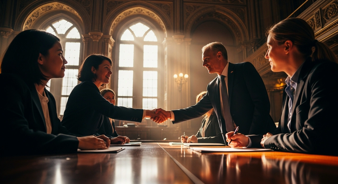 Government officials from Montenegro shake hands to signify a landmark agreement on judicial and constitutional reforms for European Union integration.