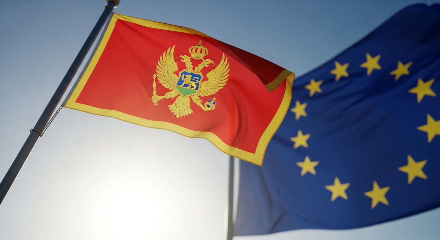 A Montenegrin flag, illuminated by golden sunlight, unfurls against a dramatic sky, with a subtly blurred European Union flag in the background, symbolizing the nation's accelerated accession process to the EU, as discussed by Slovak Foreign Minister Juraj Blanár and Montenegrin Deputy Prime Minister Filip Ivanović.