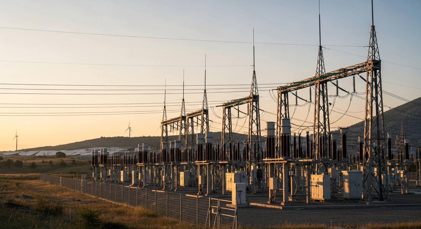 A modern power substation with gleaming automation equipment and robust power lines, set against a mountainous Montenegrin landscape at dusk, visually representing the CEDIS power grid automation and refurbishment project backed by EBRD and an EU grant to modernize the electricity distribution system, enhance reliability, and integrate renewable energy sources.
