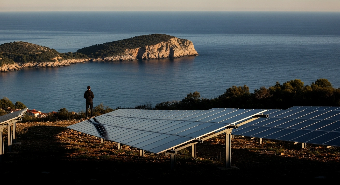 A wide, cinematic shot shows a partially constructed solar panel field on Montenegro's sun-drenched coastline during golden hour, representing the nation's canceled 250 MW renewable energy auction due to non-compliance, with a new auction planned for Q1 2026 to achieve green energy targets.