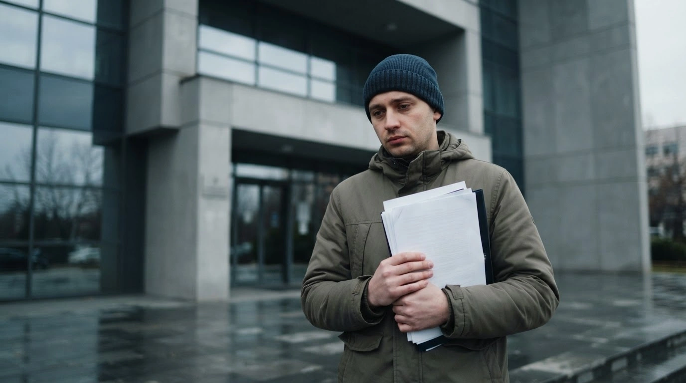 A man stands in front of a government building in Montenegro while holding official documents required for his temporary protection application.