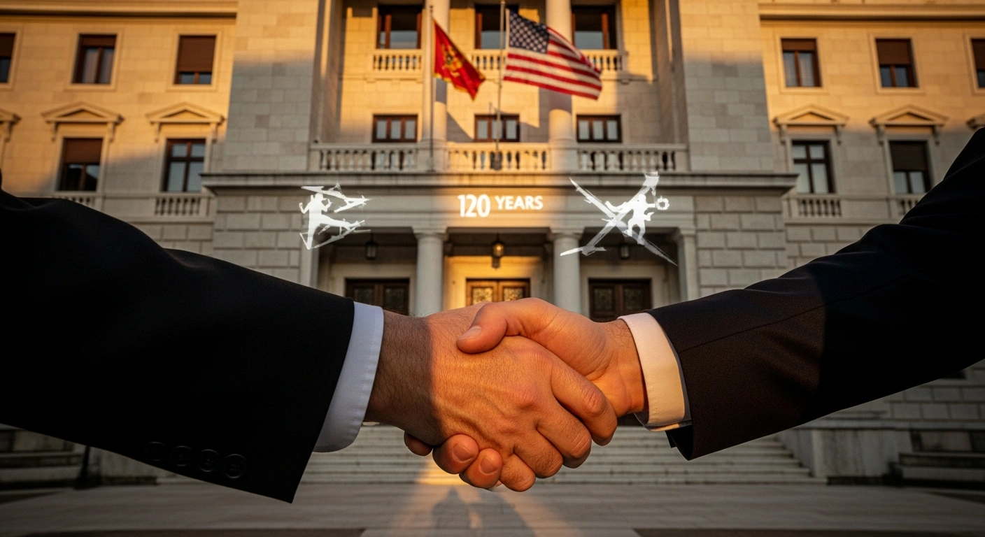 A low-angle, wide shot shows two hands, one representing Montenegro and the other the United States, clasped in a firm handshake before a grand, historically-inspired building, symbolizing 120 years of diplomatic relations, strategic partnership, and military cooperation, with a subtle projection hinting at the Defender Europe 27 Concept Development Conference.