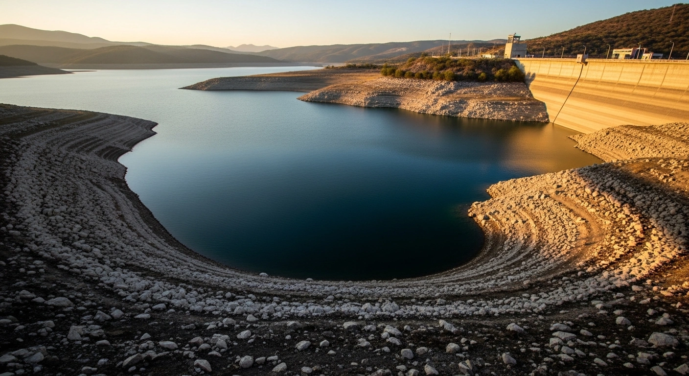 A wide-angle view of a reservoir dam near Monterrey showing low water levels and exposed dry land due to ongoing water resource management.