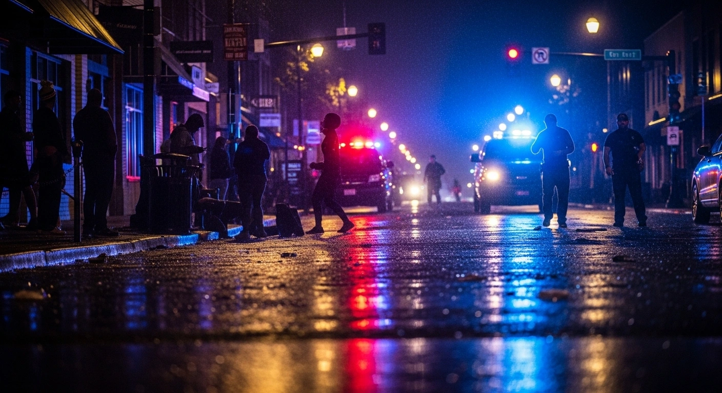 A chaotic downtown street scene at night in Montgomery, Alabama, illuminated by flashing police lights and scattered debris, depicting the immediate aftermath of a mass shooting that resulted in two fatalities and twelve injuries during post-football game festivities.