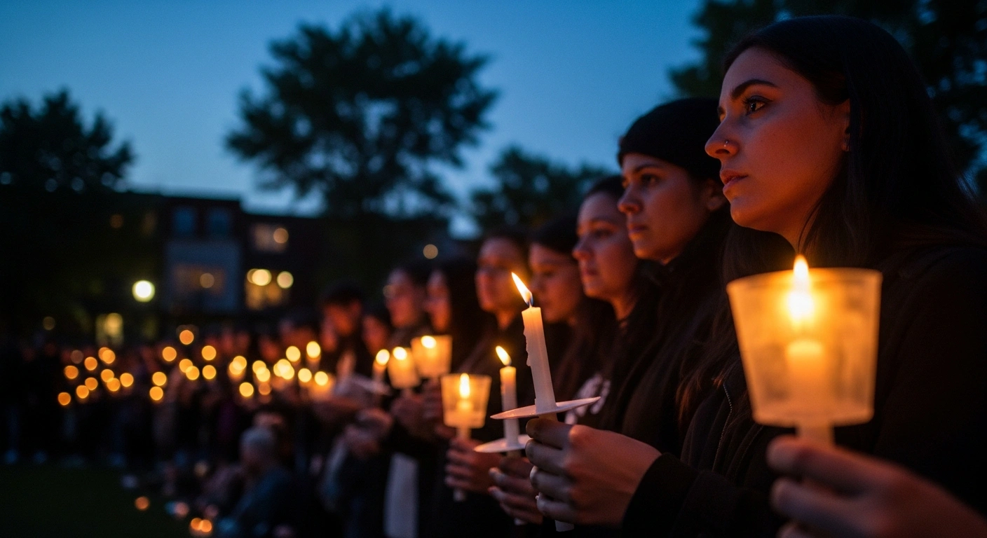 Community members gather for a somber candlelight vigil in a Montreal park to honor a young girl who died in a tragic bouncy castle accident.