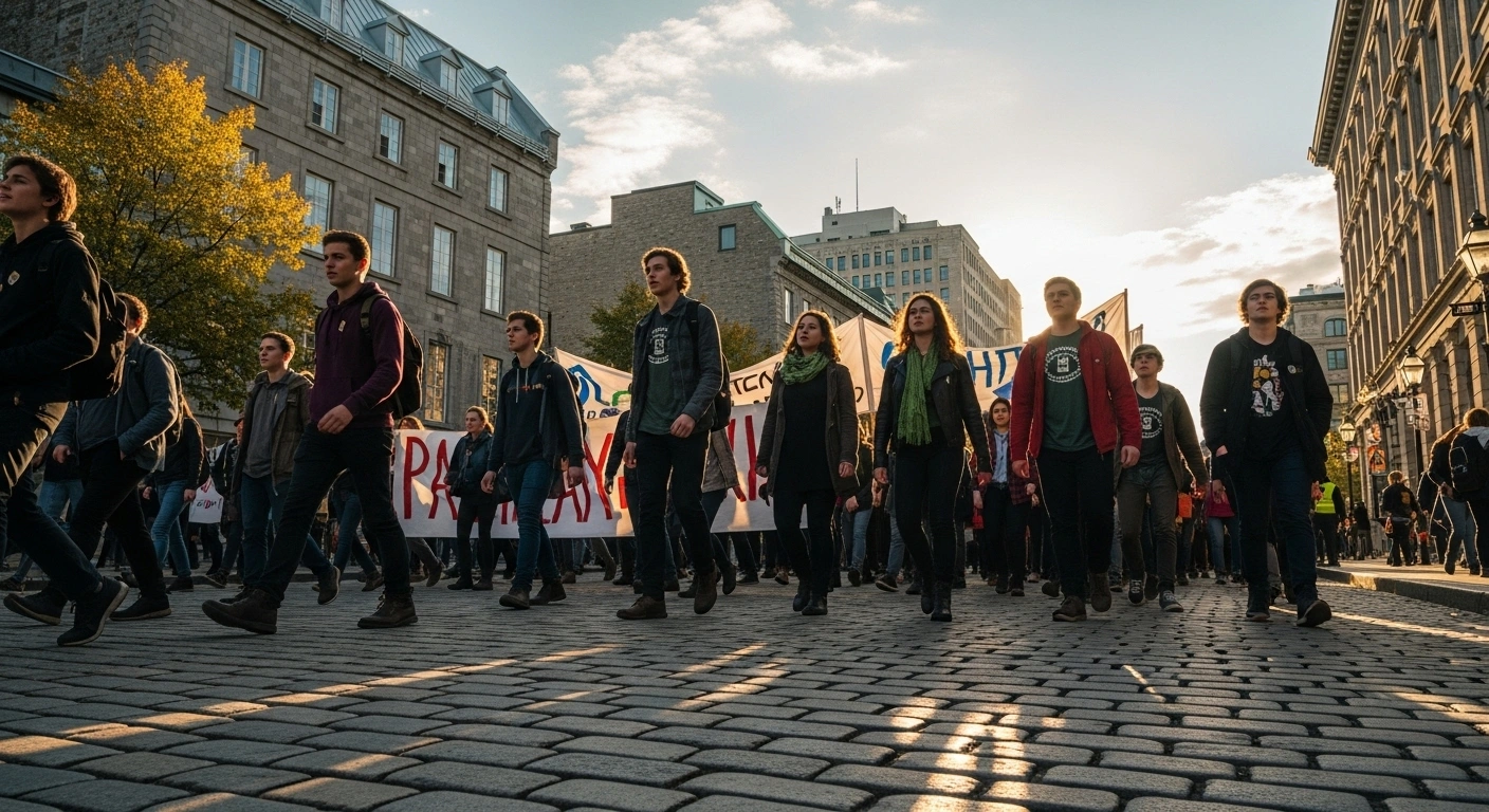 A low-angle, wide shot captures hundreds of young Montreal residents marching through the historic cobblestone streets of downtown Montreal during the golden hour of a late autumn afternoon, advocating for Quebec's independence in 2025.