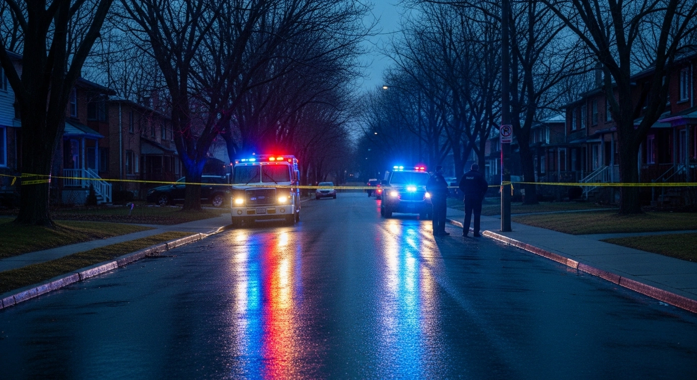 Emergency vehicles with flashing lights illuminate a residential street in Montreal following a tragic shooting incident.
