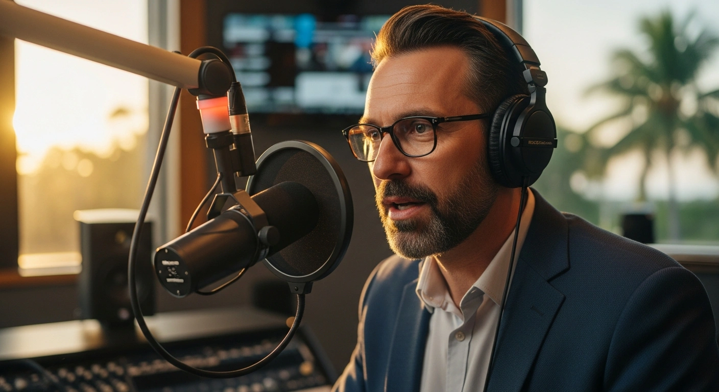 A radio host speaks into a microphone during a midday broadcast for Montserrat Radio Echo to share news with the local community.