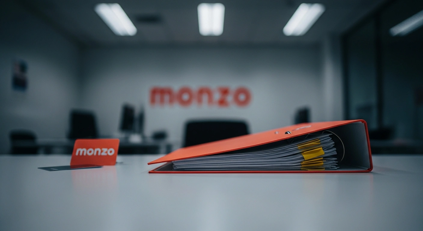 An overturned file folder lies on a sterile office desk, subtly hinting at Monzo's branding in the background, symbolizing the bank's wrongly rejected fraud and scam refund claims and the Financial Ombudsman Service overturning a high percentage of cases.
