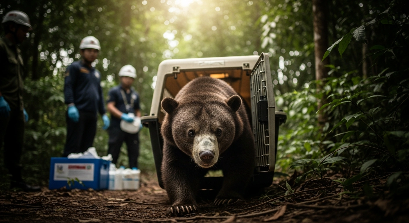 A rescued moon bear steps out of a transport crate into a lush forest sanctuary after being saved from an illegal bile extraction facility.