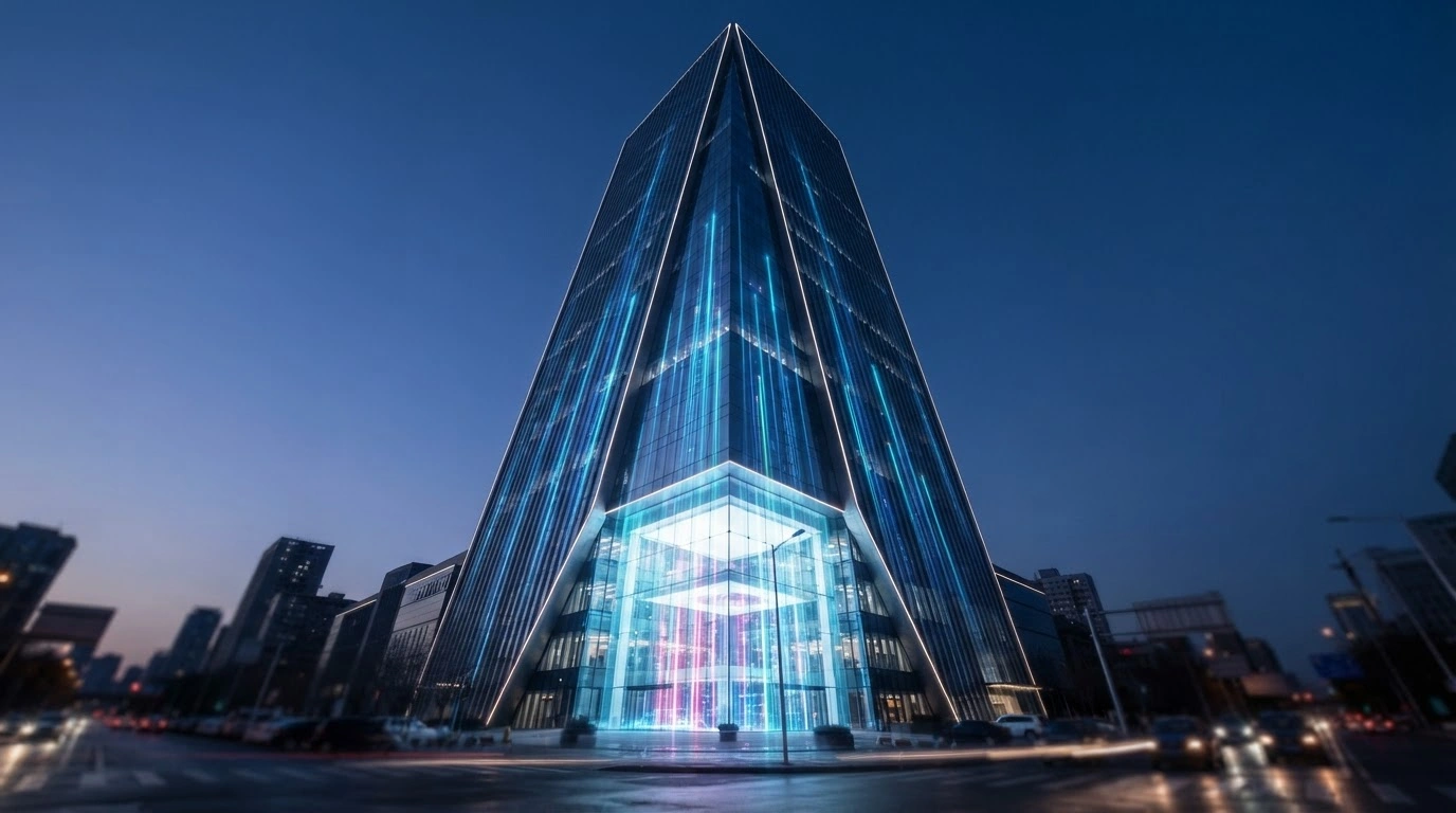 A modern skyscraper in Beijing represents the rapid growth and high valuation of the artificial intelligence startup Moonshot AI.